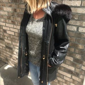 Worthington Lambskin Coat, Black, hooded, fur trim